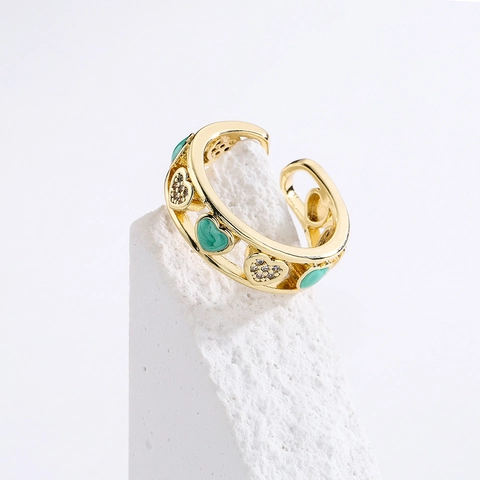 Verstellbarer Herz Offener Ring Kupfer 18K Vergoldet Bunte Emaille Zirkonia Hohl Schmuck Für Frauen