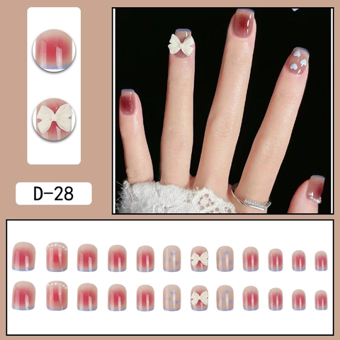 Press On Nails Glossy Pink Blush Gradient With 3D White Bows And Artificial Pearls Heart Pattern Square Round Shape Fingernails