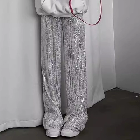 Pantalones De Lentejuelas De Talle Alto Para Mujer Pierna Ancha Rectos Brillantes Ropa De Fiesta Clubwear Elegante Poliéster