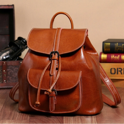 Zaino Donna Vera Pelle Crosta Di Vacchetta Cerata Coulisse Patta Vintage Stile Coreano Grande Capacità Moda Quotidiana