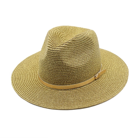 Elegant Metallic Straw Fedora Hat With Faux Leather Band Wide Brim Sun Protection Summer Beach Vacation For Women