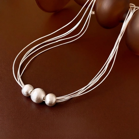 Multi Layer Necklace Copper Brushed Frosted Round Beads Minimalist Luxury Clavicle Chain For Women Silver Color