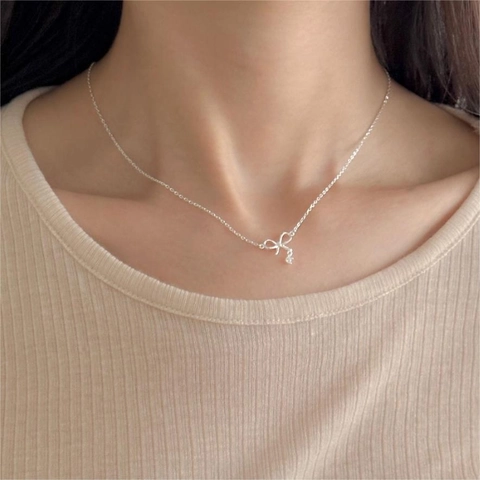 Collana Con Ciondolo A Fiocco Argento Sterling 925 Zircone Stile Coreano Minimalista Gioielli Per Donne