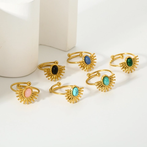 Anello Aperto Vintage Sole Placcato Oro 18K Acciaio Inossidabile Regolabile Pietre Incastonate Gioielli Donna