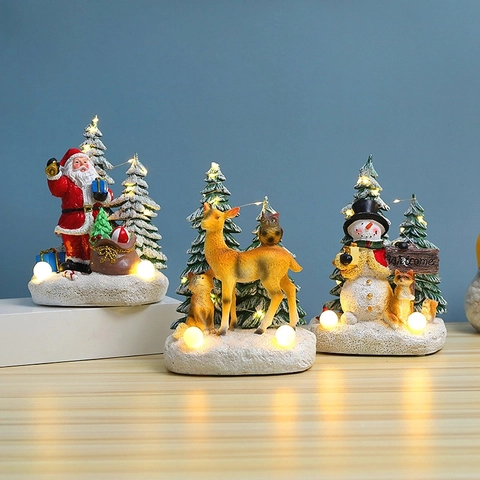 Decorazioni Natalizie Babbo Natale Pupazzo Di Neve Cervo Resina Ornamenti Luminosi LED Luce Notturna Natale Casa Scrivania Regali