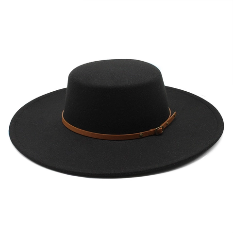Flat Top Fedora Hat Wide Brim Cotton Polyester Blend Felt With Leather Belt Buckle Vintage British Style Unisex