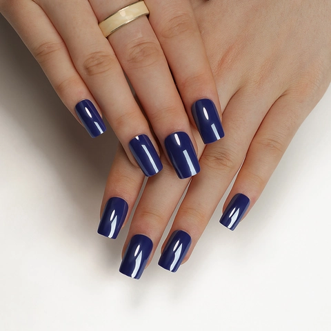 Unghie Finte Navy Blue Lucido Press On Lungo Quadrato Copertura Completa Artificiale Alta Lucentezza Per Donna