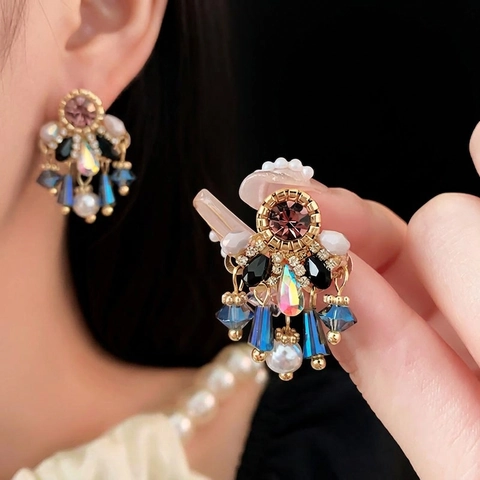 Retro Palace Style Tassel Drop Earrings Alloy Rhinestone Crystal Faux Artificial Pearl With Silver Earring Post For Women