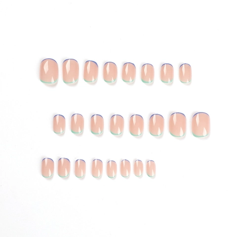 Unghie Press On Stile Francese Bordo Blu E Verde Base Rosa Nude Corte Quadrate Unghie Finte Per Donne Minimalista Lucido