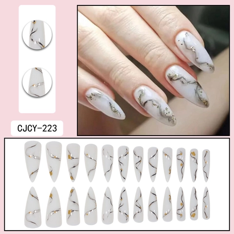 Lange Stiletto Kunstnägel Marmormuster Goldfolie Glänzend Falsche Nägel Art Full Cover DIY Maniküre Eleganter Stil
