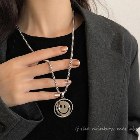 Pendentif Collier Acier Inoxydable Rotatif Double Face Sourire Et Visage Triste Chaîne Box Hip Hop Unisexe Bijoux