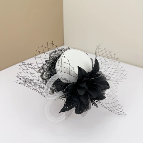 Vintage Mini Top Hat Fascinator With Large Flower Mesh Veil And Double Clips Retro Headpiece For Bridal Wedding Party