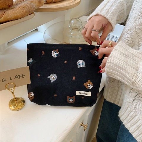 Trousse À Maquillage Avec Broderie Chat En Lin De Coton Style Japonais Pochette À Fermeture Éclair
