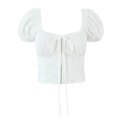 White Lace Patchwork Cotton Outfits Puff Sleeve Top And Camisole And Maxi Skirt Retro French Style Hollow Out