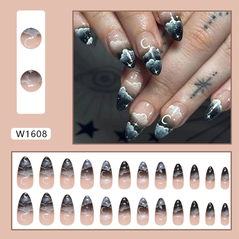 Unghie Finte Press On Mandorla Lunga Cielo Stellato Luna Nuvole Sfumate Rimovibili Manicure Scura Da Sogno Per Donne