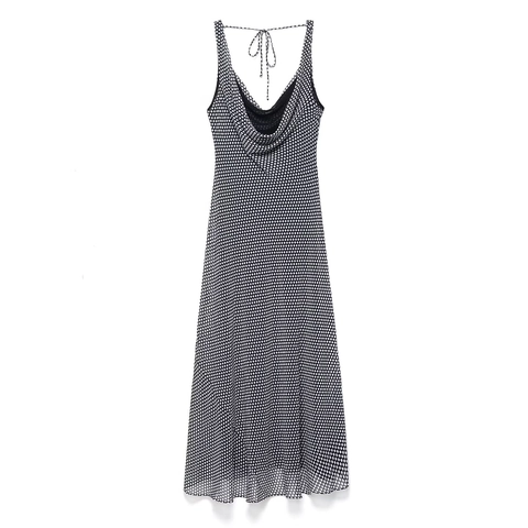Vestito Lungo Donna Scollo A Cappuccio Pois Spalline Sottili Schiena Scoperta Vacanze Estive Elegante