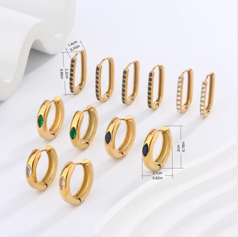 Stainless Steel Hoop Earrings 18K Gold Plated Oval Geometric Inlaid Cubic Zirconia Retro Minimalist Jewelry Unisex