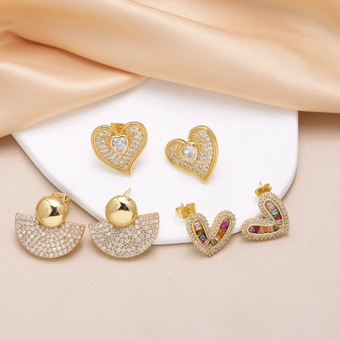 Fashion Heart And Fan Shaped Copper Stud Earrings With Gold Plating And Colorful Cubic Zirconia For Women