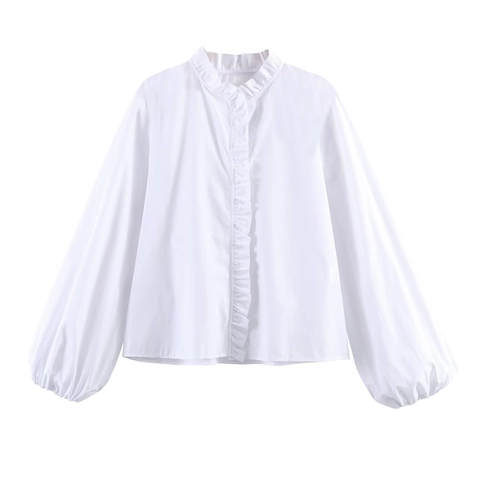 Women Ruffle Long Sleeve Blouse Polyester Stand Collar Lantern Sleeve Elegant Vintage Stripe Solid Shirt Top