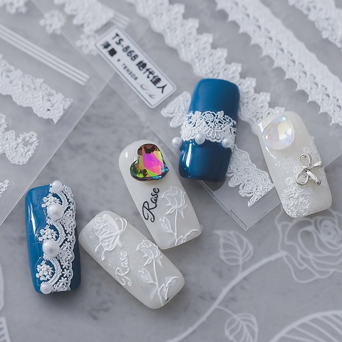 Pegatinas de Arte de Uñas con Relieve 5D de Encaje Blanco y Rosa Autoadhesivas de Flores y Mariposas Vintage Calcomanías de Uñas para Mujer Boda DIY Decoración de Manicura