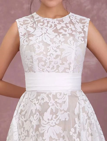 Women Lace Evening Dress Sleeveless Round Neck High-Low Hem High Waist Sash Elegant Formal Party Prom Gown