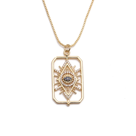 Evil Eye Anhänger Halskette Kupfer Vergoldet Blau Zirkonia Geometrischer Eleganter Retro Schmuck Für Damen