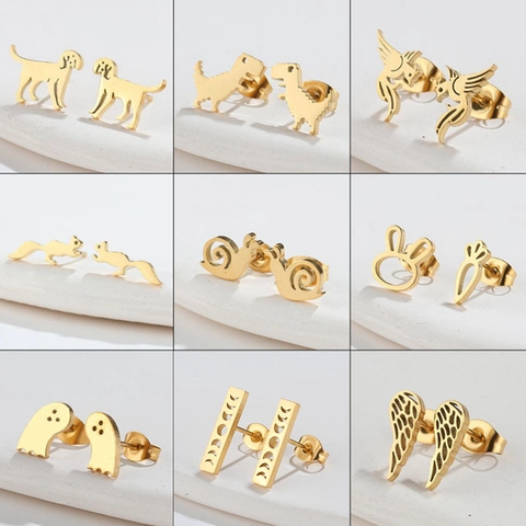 Minimalist Stainless Steel Stud Earrings Cute Animal Squirrel Rabbit Carrot Ghost Moon Phase Fashion Jewelry For Women