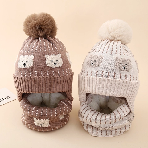 Kids Knit Hat And Neck Warmer Acrylic Bear Pattern Winter Warm Fleece Lined Ear Protection For Boys Girls