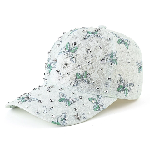Cappello Da Baseball In Pizzo Da Donna Stampa Farfalla Strass Rivetto Stella Traspirante Parasole Regolabile