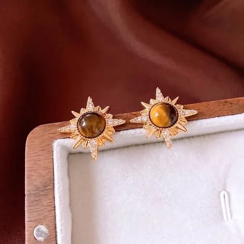 Tiger Eye Sunburst Stud Earrings With 925 Sterling Silver Earring Post 18K Gold Plated Retro Round Jewelry For Women