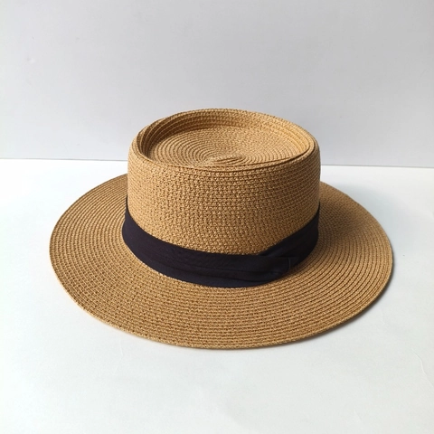 Paglietta Francese da Donna Cappello di Paglia a Testa Piatta Sole Paglia di Carta Intrecciata a Mano con Nastro per Spiaggia Vacanza Estate