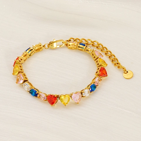 Bracelet Tennis Coeur Zircon Acier Inoxydable Plaque Or 18K Ajustable Scintillant Coloré Bijoux Pour Femmes