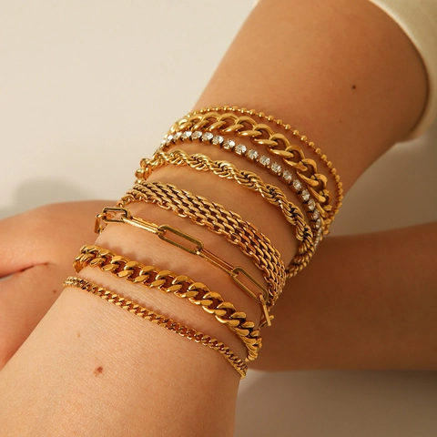 18K Gold Plated Stainless Steel Figaro Paperclip Twisted Rope Square Chain Bracelet For Women Waterproof Minimalist Jewelry