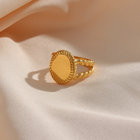 Vintage Edelstahl 18K Vergoldet Oval Siegelring Seil Textur Band Geometrischer Modeschmuck Für Damen