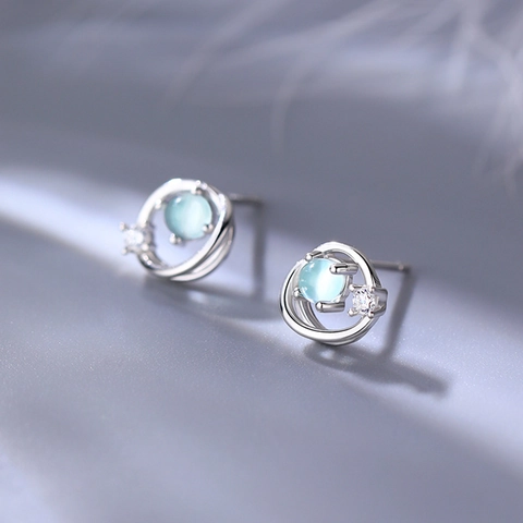 Planet Saturn Stud Earrings Copper Plated With Blue Stone And Cubic Zirconia Minimalist Orbit Style Jewelry For Women