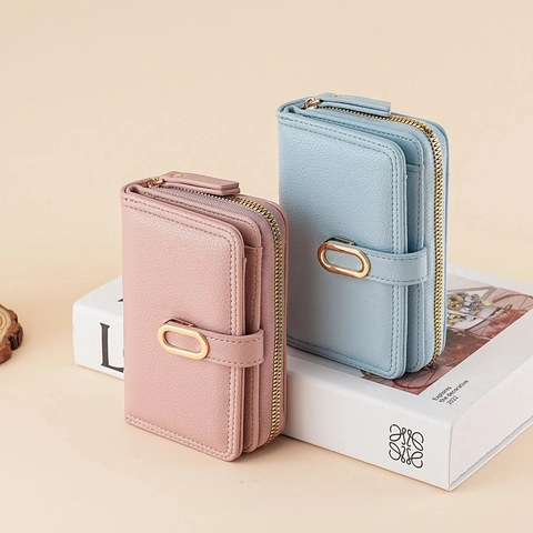 Women Litchi Grain PU Leather Wallet Short Zipper Coin Purse With Ring Buckle Multi Card Slots Fashion Small Handbag