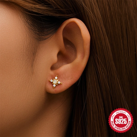 925 Sterling Silver Star Heart Stud Earrings For Women With Zirconia Opal Gold Plated Small Dainty Luxury Fashion Jewelry