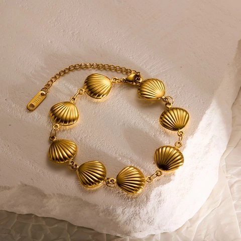 Bracelet Chaîne en Acier Inoxydable avec Coquillage à Rayures pour Hommes et Femmes Placcato Or Style Océan Cadeau Bijou