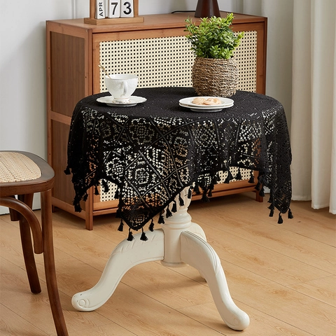 Retro Crochet Lace Tablecloth Tassels Polyester Cotton Blend Hollow Out Rectangular Table Cover For Dining Room Decor