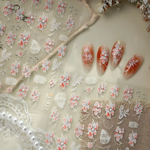 5D Embossed Nail Art Stickers Elegant Floral Lace Pattern With Artificial Pearl And Silver Foil Manicure DIY Decor
