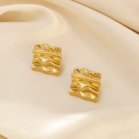 Square Stud Earrings 18K Gold Plated Stainless Steel Water Ripple Texture Lava Geometric Minimalist Jewelry For Women