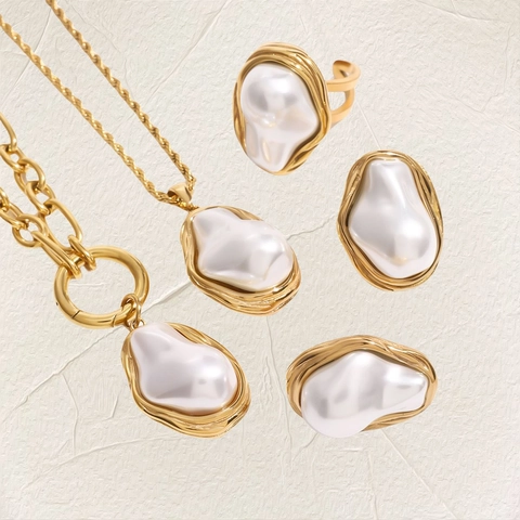 Anello in Acciaio Inossidabile per Donna Placcato Oro Perla Artificiale Strass Cuore Foglia Stella Marina Farfalla Anello Aperto Gioielli di Moda
