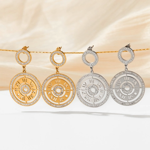 Stainless Steel Roman Numeral Clock Face Dangle Earrings For Women Rhinestone Hollow Round Drop Jewelry Gold Silver