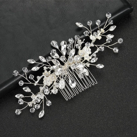 Elegante Pettine da Sposa in Lega d'Argento con Fiori e Strass Decorazione per Capelli a Ramo Floreale per Matrimonio Festa Gioielli Donna