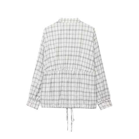 Women Plaid Shirt Jacket Long Sleeve Cotton Linen Blend Drawstring Hem Cropped Zipper Casual Fashion Western Style Blouse
