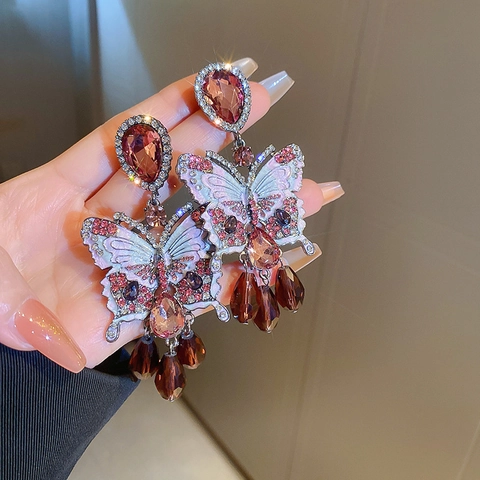 Boucles D'Oreilles Papillon À Pompons Alliage Strass Émail Avec Tige En Argent Style Palais De Luxe Vintage Femmes