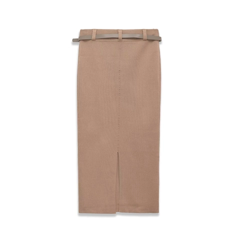Women High Waist Knit Midi Skirt With Belt Ribbed Pencil Skirt Back Slit Straight Solid Color Streetwear Casual Chic