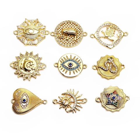 Zircon Evil Eye Bracelet Connector Copper Lion Elephant Sun Moon Charms For DIY Jewelry Making Gold Plated Findings