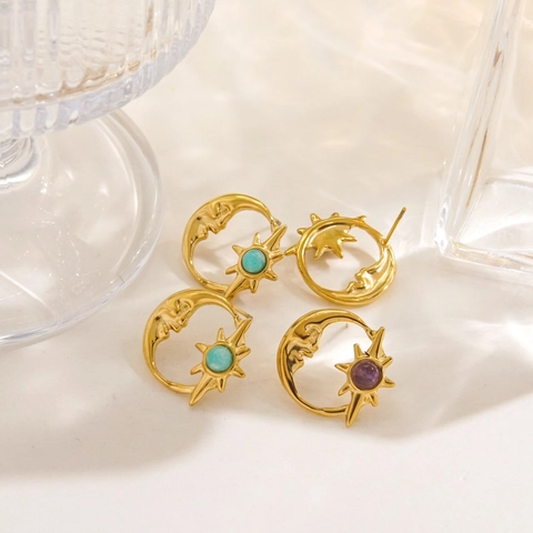 French Vintage Stainless Steel Octagram Star And Crescent Moon Stud Earrings With Natural Stone Inlaid 14K Gold Plated