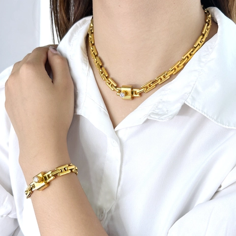 18K Gold Plated Stainless Steel H-Link Necklace And Bracelet Trendy Geometric Square Buckle Rhinestone Jewelry For Women